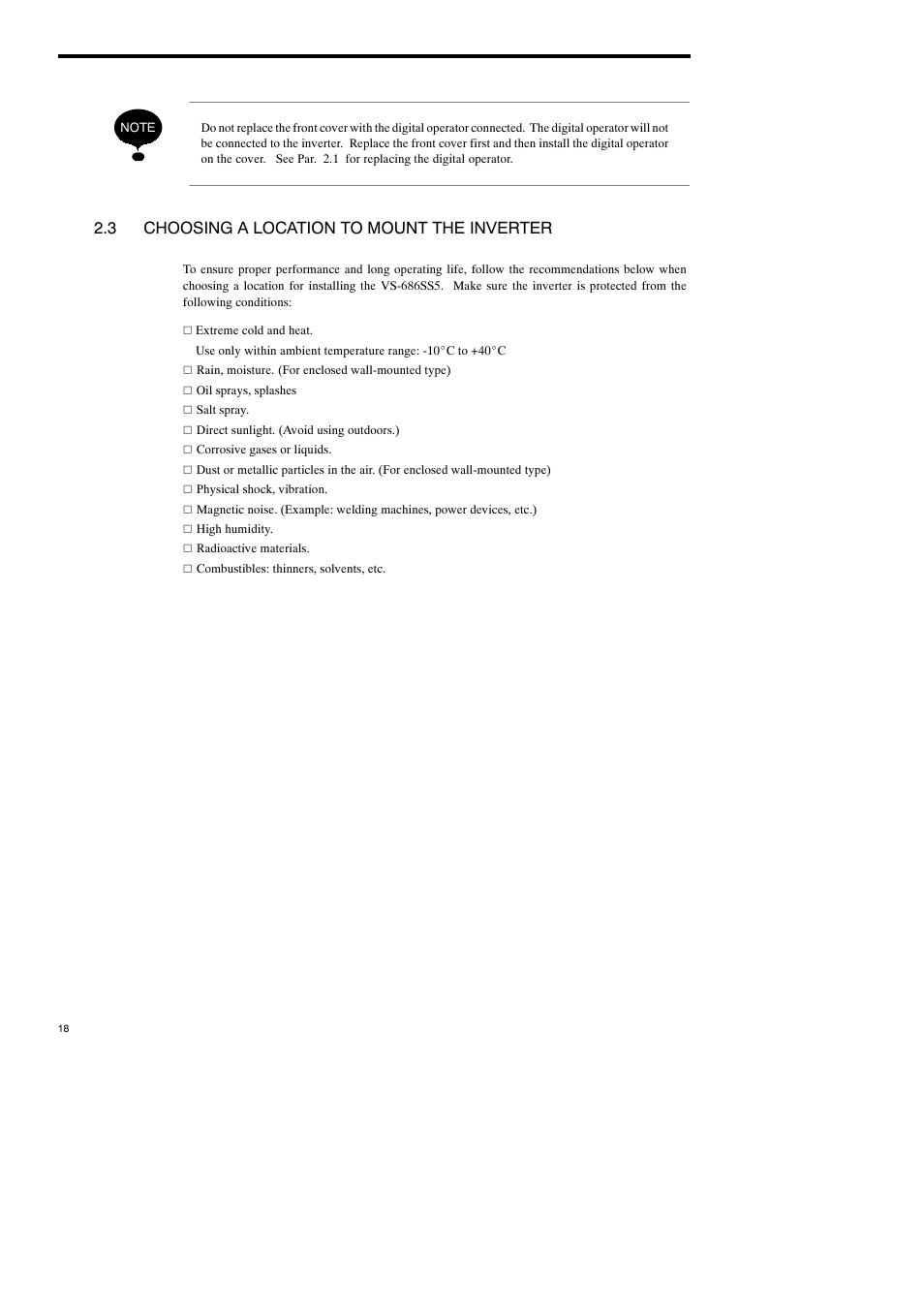 3 choosing a location to mount the inverter | Yaskawa Varispeed-686SS5 CIMR-SSA User Manual | Page 17 / 94