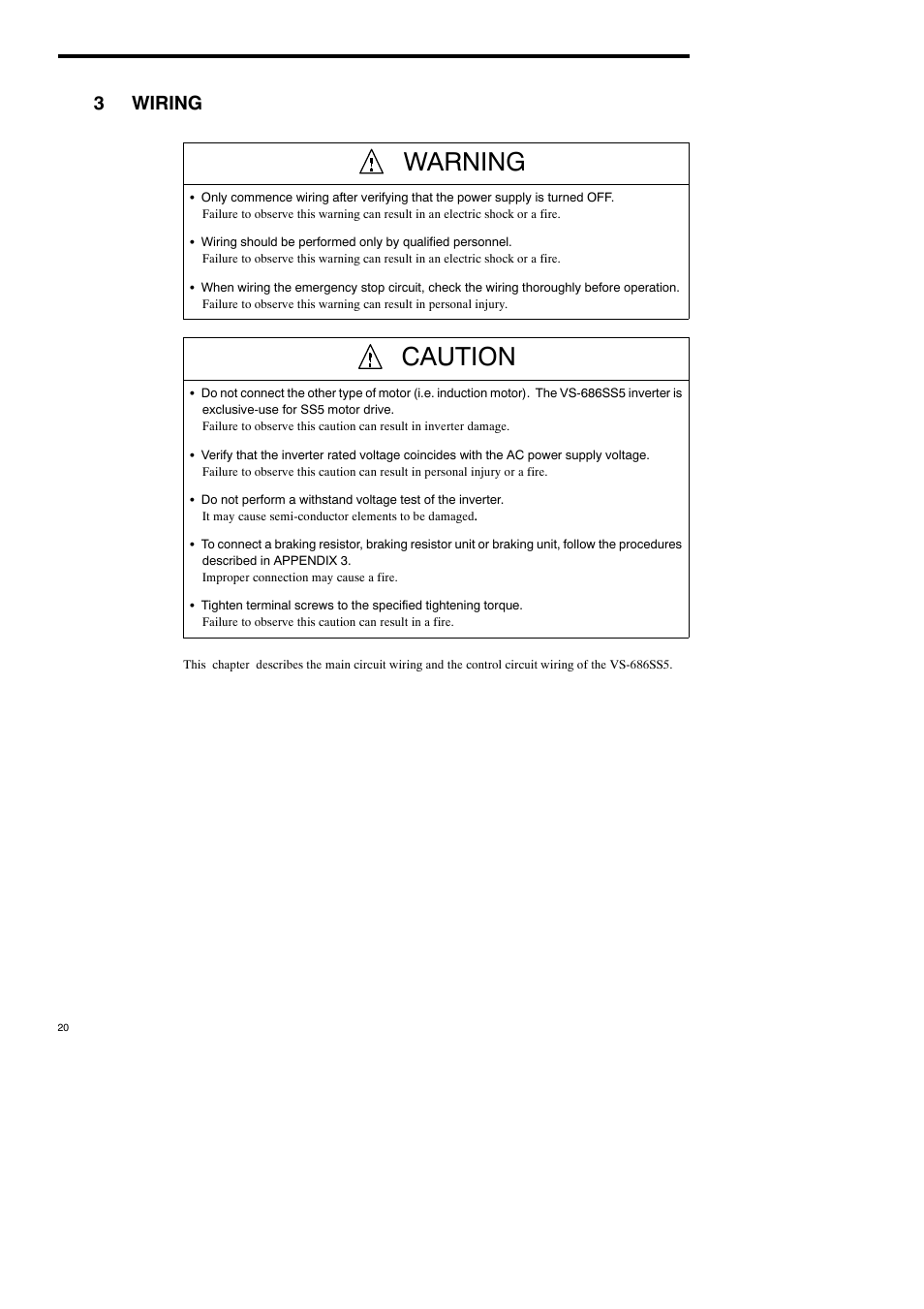 3 wiring, Warning, Caution | 3wiring | Yaskawa Varispeed-686SS5 CIMR-SSA User Manual | Page 19 / 94