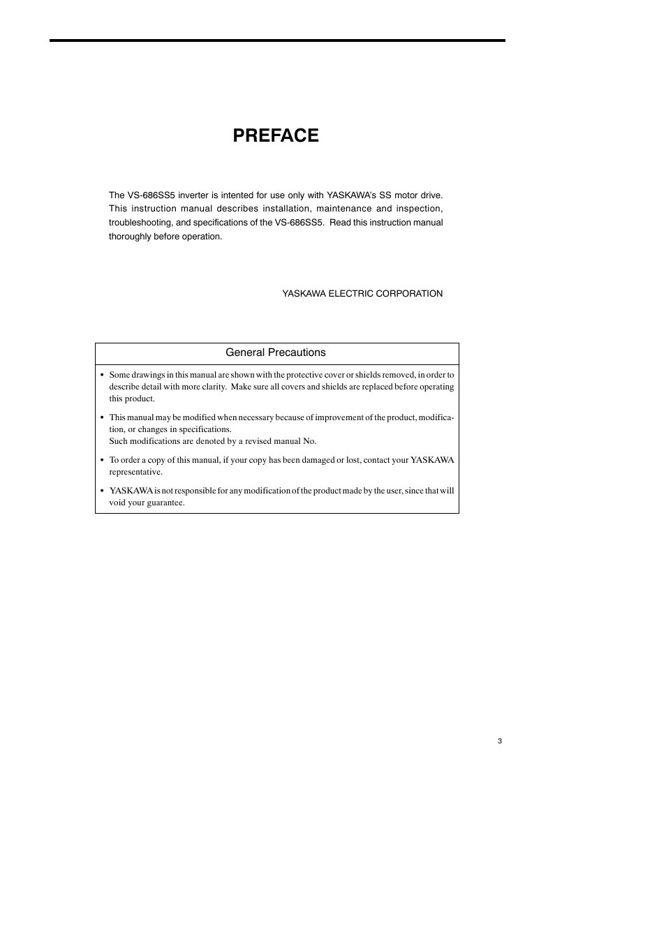 Preface | Yaskawa Varispeed-686SS5 CIMR-SSA User Manual | Page 2 / 94