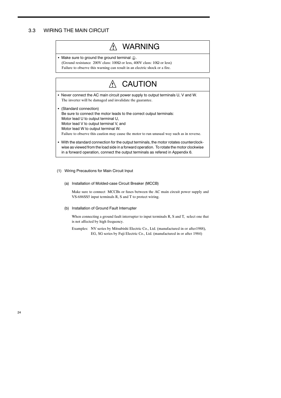 3 wiring the main circuit, Warning, Caution | Yaskawa Varispeed-686SS5 CIMR-SSA User Manual | Page 23 / 94