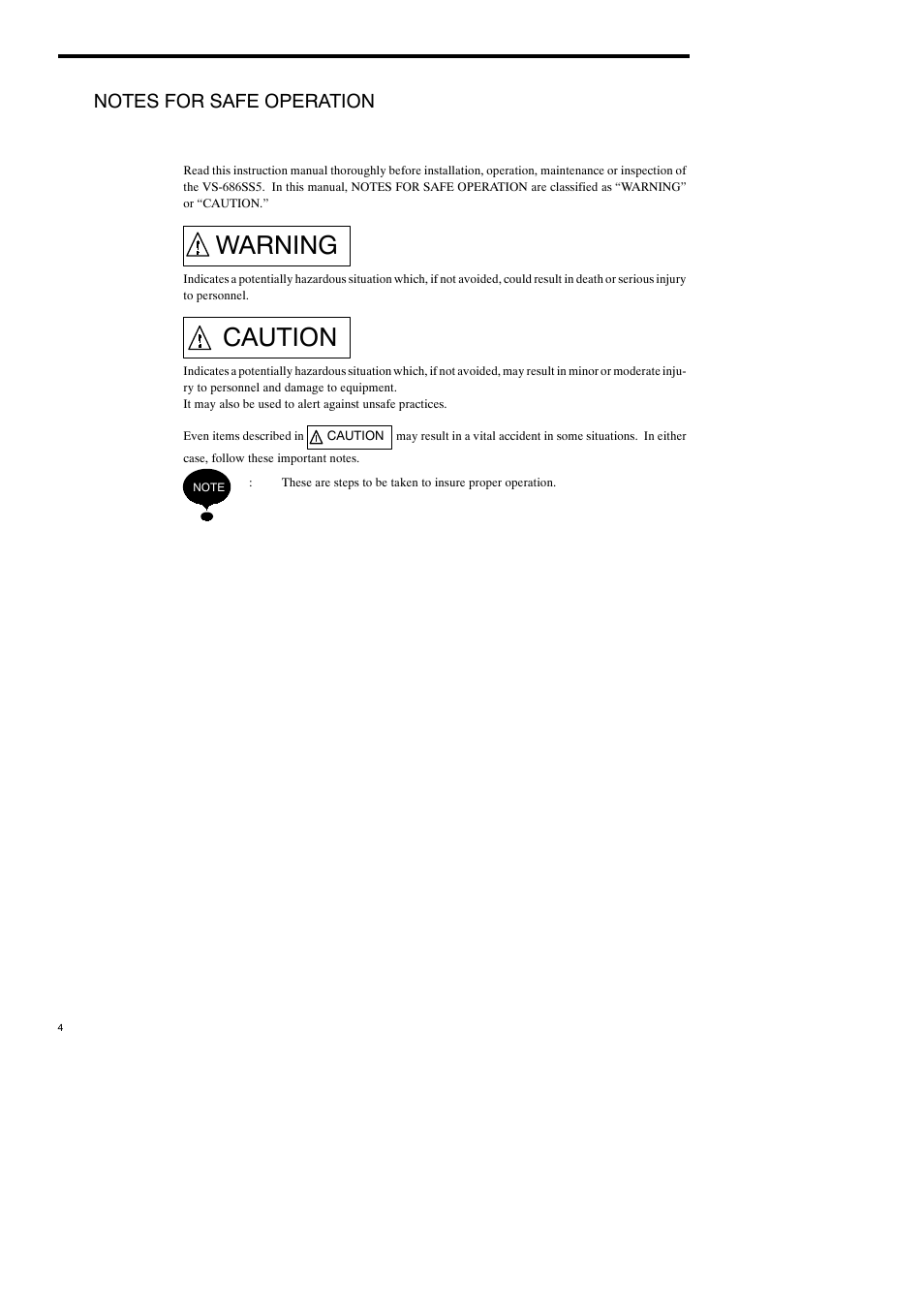 Notes for safe operation, Warning, Caution | Yaskawa Varispeed-686SS5 CIMR-SSA User Manual | Page 3 / 94