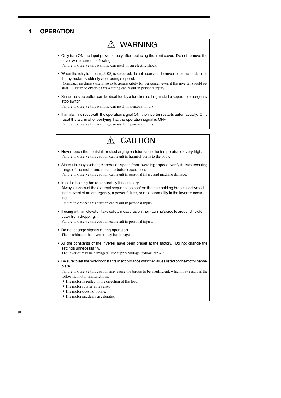 4 operation, Warning, Caution | 4operation | Yaskawa Varispeed-686SS5 CIMR-SSA User Manual | Page 37 / 94