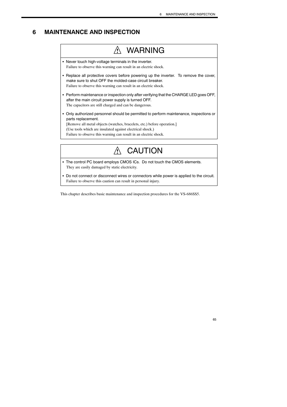 6 maintenance and inspection, Warning, Caution | 6maintenance and inspection | Yaskawa Varispeed-686SS5 CIMR-SSA User Manual | Page 64 / 94