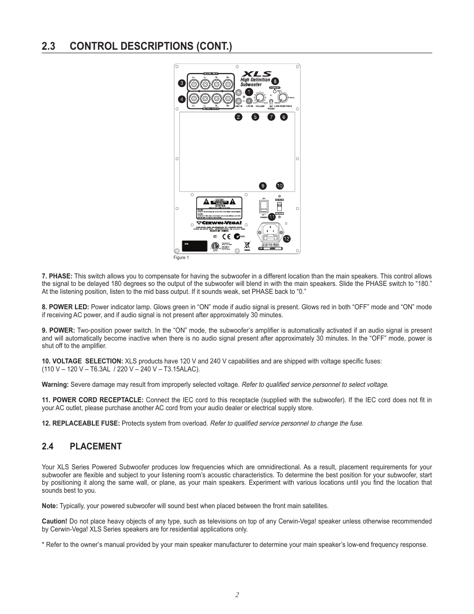 3 control descriptions (cont.), 4 placement | Cerwin-Vega SUBWOOFERS XLS-12S User Manual | Page 5 / 8
