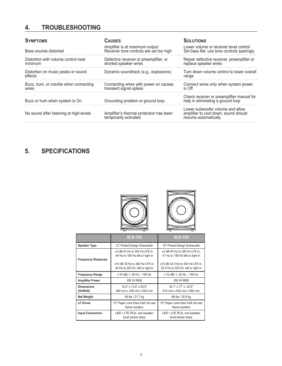 Troubleshooting 5. specifications | Cerwin-Vega SUBWOOFERS XLS-12S User Manual | Page 7 / 8