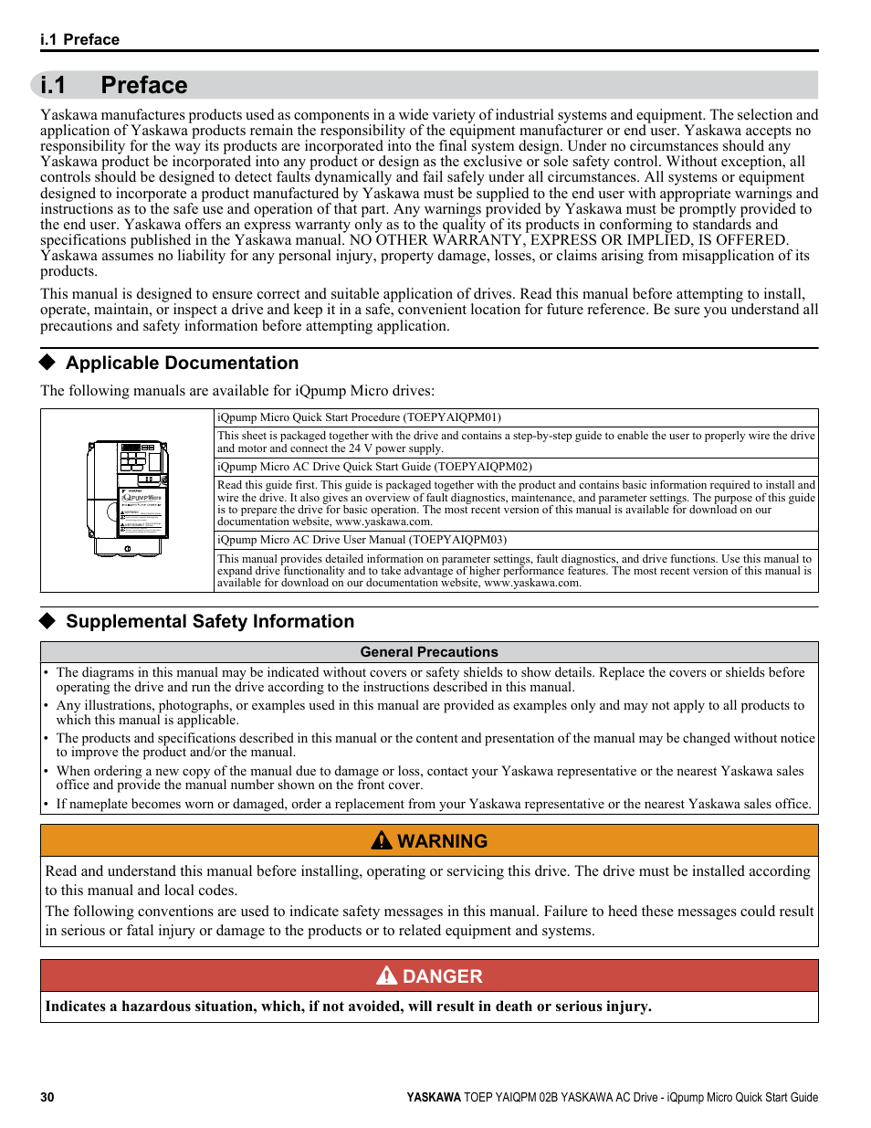 Preface, Applicable documentation, Supplemental safety information | I.1 preface, Warning, Danger | Yaskawa iQpump Micro Quick Start User Manual | Page 30 / 108