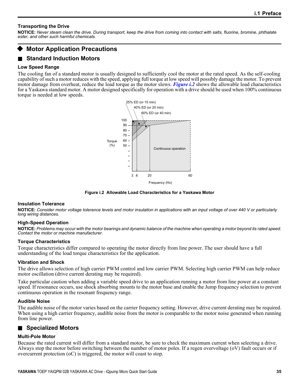 Motor application precautions | Yaskawa iQpump Micro Quick Start User Manual | Page 35 / 108