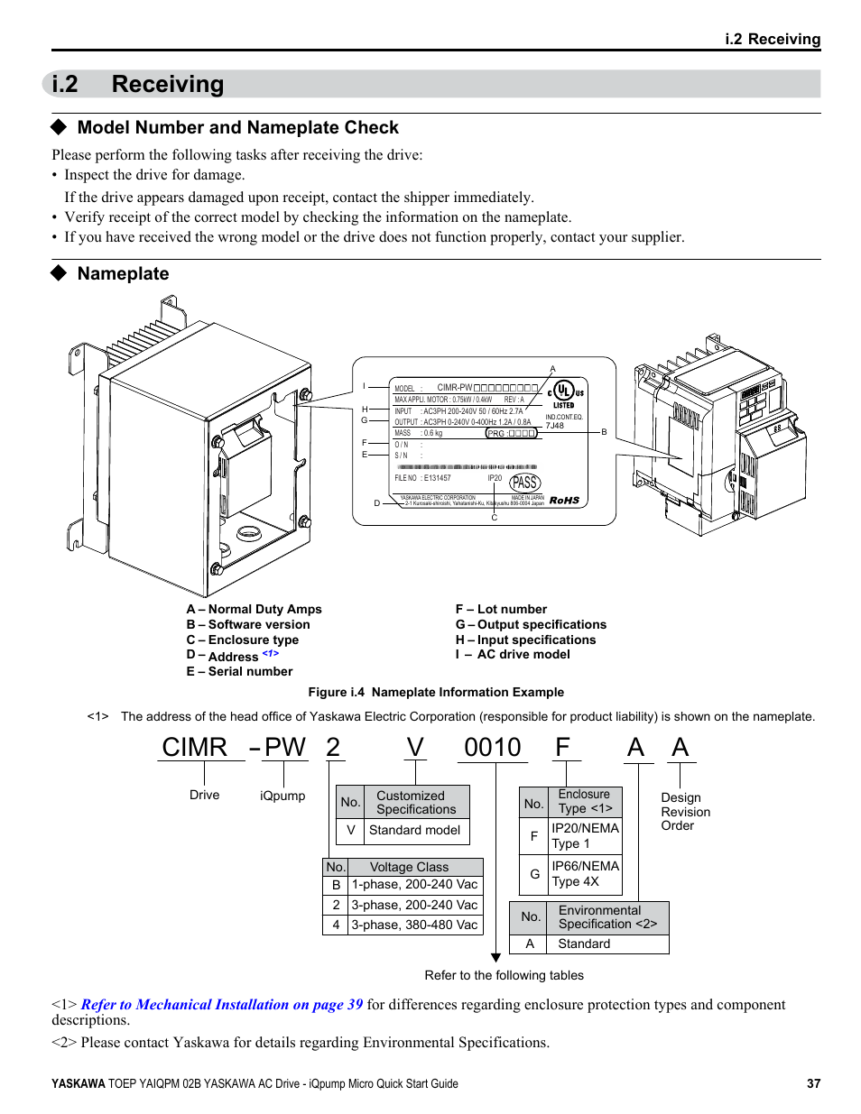 Receiving, Model number and nameplate check, Nameplate | I.2 receiving | Yaskawa iQpump Micro Quick Start User Manual | Page 37 / 108