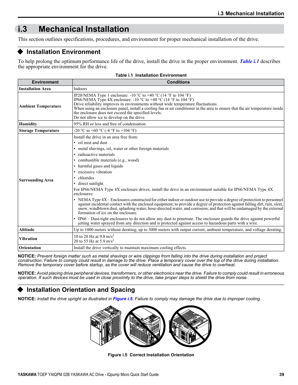 Mechanical installation, Installation environment, Installation orientation and spacing | I.3 mechanical installation | Yaskawa iQpump Micro Quick Start User Manual | Page 39 / 108