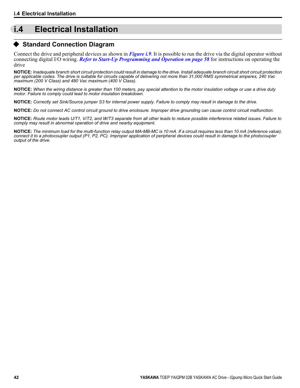 Electrical installation, Standard connection diagram, I.4 electrical installation | Yaskawa iQpump Micro Quick Start User Manual | Page 42 / 108