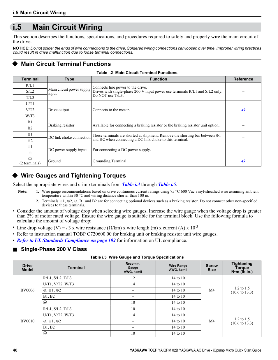 Main circuit wiring, Main circuit terminal functions, Wire gauges and tightening torques | I.5 main circuit wiring | Yaskawa iQpump Micro Quick Start User Manual | Page 46 / 108