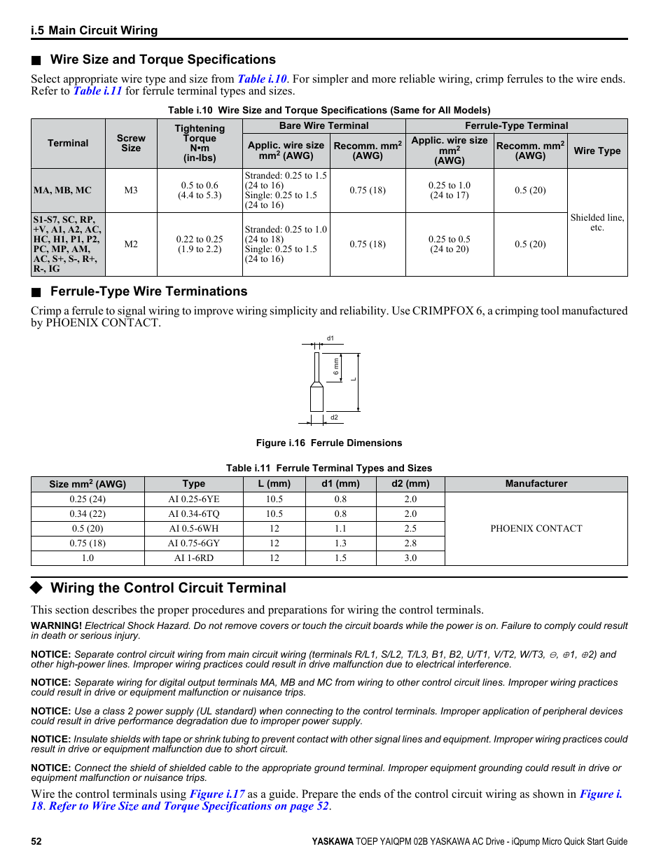 Wiring the control circuit terminal, Wire size and torque specifications, Ferrule-type wire terminations | Yaskawa iQpump Micro Quick Start User Manual | Page 52 / 108
