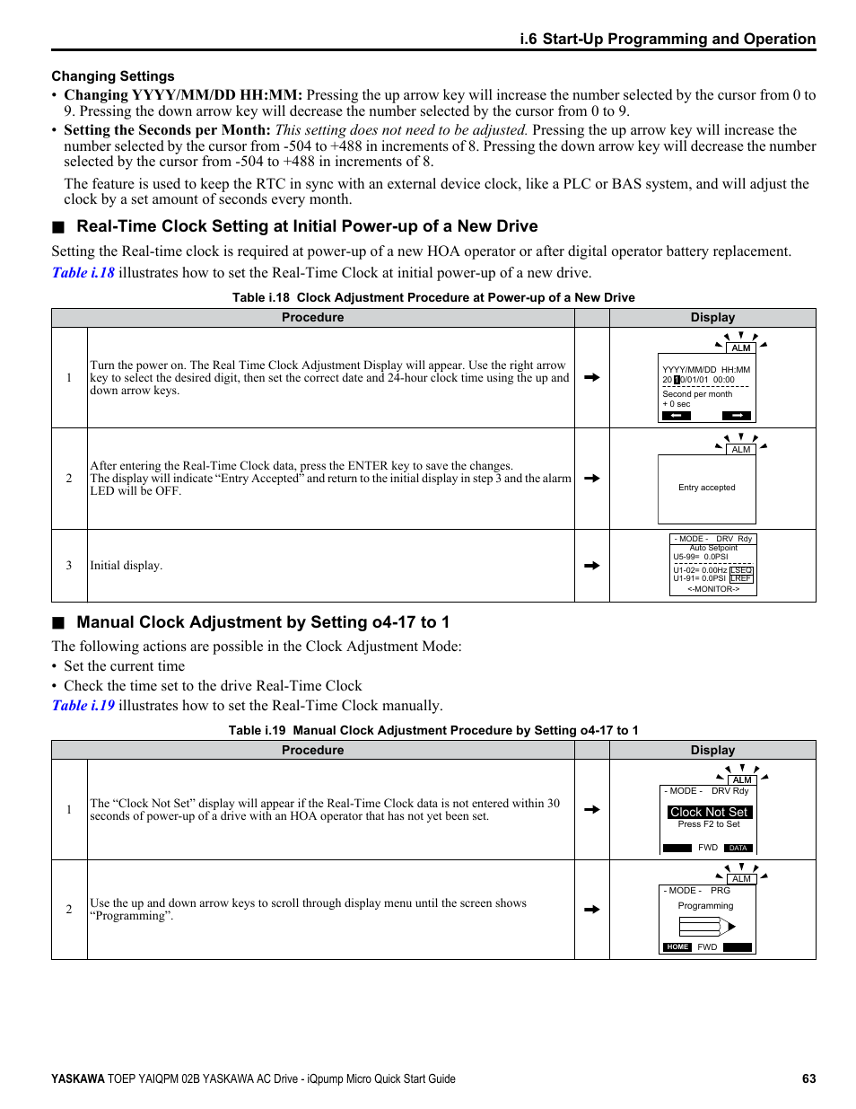 Manual clock adjustment by setting o4-17 to 1, I.6 start-up programming and operation | Yaskawa iQpump Micro Quick Start User Manual | Page 63 / 108