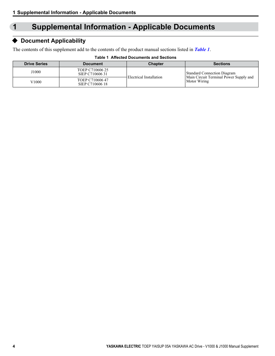 Supplemental information - applicable documents, Document applicability, 1supplemental information - applicable documents | Yaskawa AC Drive - J1000 User Manual | Page 4 / 7
