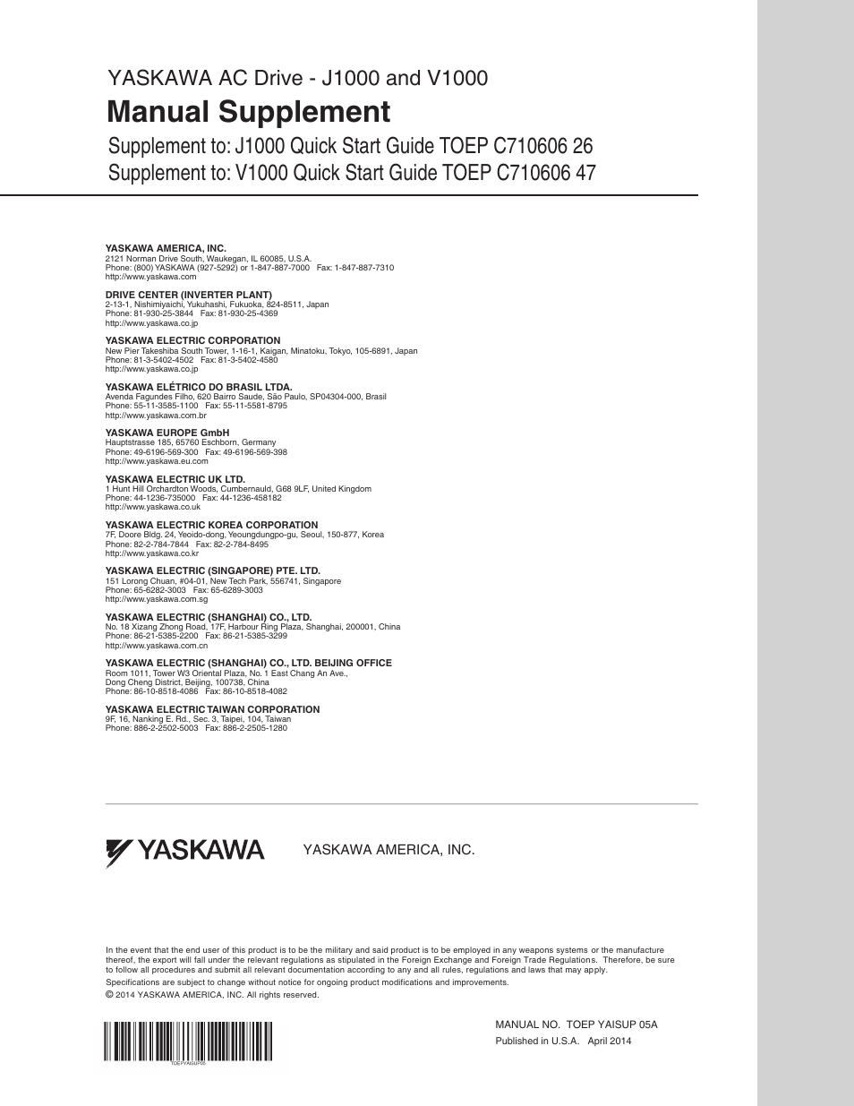 Manual supplement, Yaskawa america, inc | Yaskawa AC Drive - J1000 User Manual | Page 7 / 7