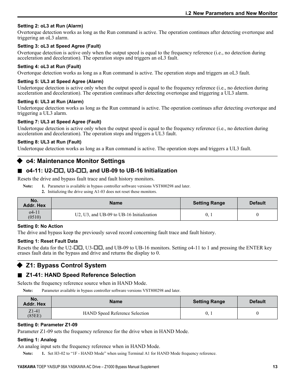 O4: maintenance monitor settings, Z1: bypass control system | Yaskawa AC Drive Z1000 AC Drive Bypass for HVAC User Manual | Page 13 / 26