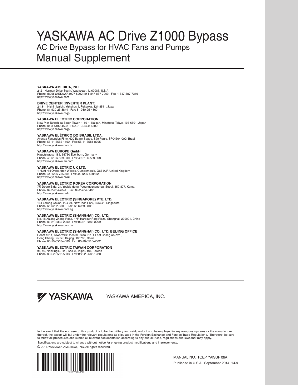 Yaskawa ac drive z1000 bypass, Manual supplement, Ac drive bypass for hvac fans and pumps | Yaskawa america, inc | Yaskawa AC Drive Z1000 AC Drive Bypass for HVAC User Manual | Page 26 / 26