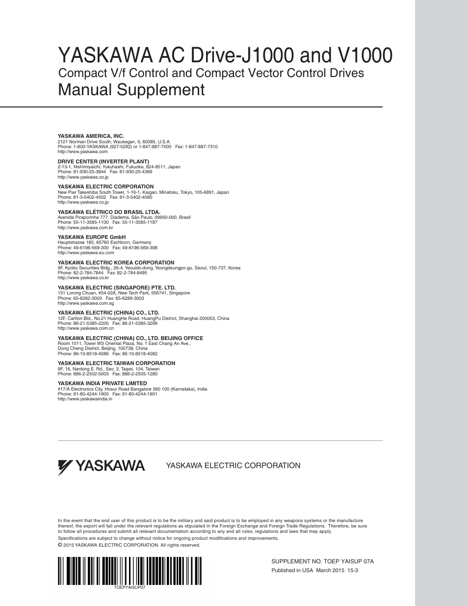 Manual supplement, Yaskawa electric corporation | Yaskawa J1000 User Manual | Page 10 / 10