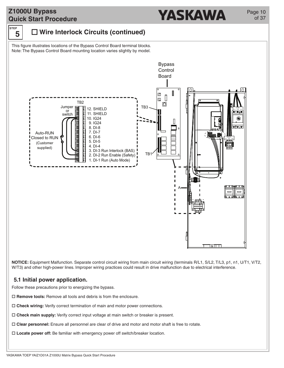 Z1000u bypass quick start procedure, Wire interlock circuits (continued), 1 initial power application | Yaskawa Z1000U HVAC Matrix Bypass User Manual | Page 10 / 38
