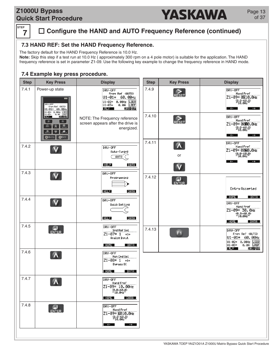 Z1000u bypass quick start procedure | Yaskawa Z1000U HVAC Matrix Bypass User Manual | Page 13 / 38