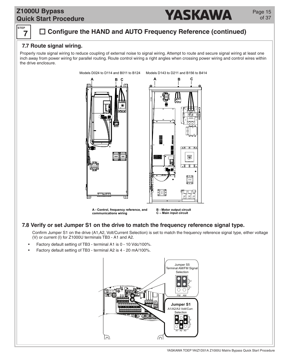 Z1000u bypass quick start procedure, 7 route signal wiring, Page 15 of 37 | Yaskawa Z1000U HVAC Matrix Bypass User Manual | Page 15 / 38