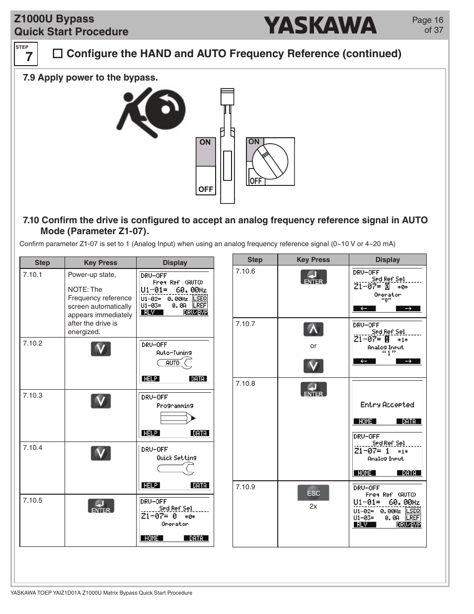 Z1000u bypass quick start procedure | Yaskawa Z1000U HVAC Matrix Bypass User Manual | Page 16 / 38
