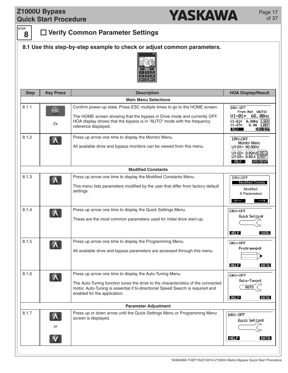 Z1000u bypass quick start procedure, Verify common parameter settings | Yaskawa Z1000U HVAC Matrix Bypass User Manual | Page 17 / 38