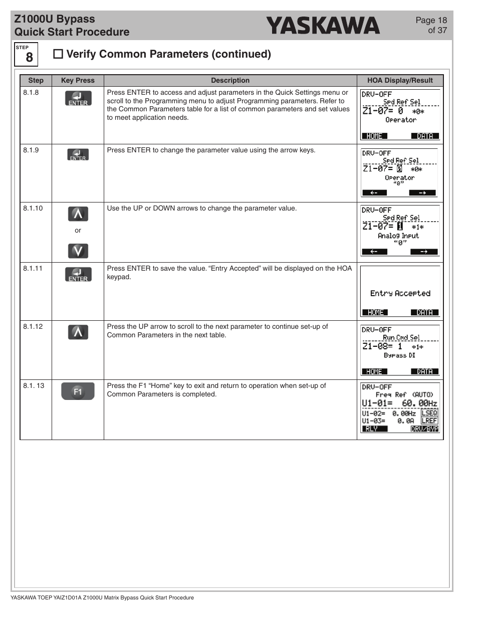 Z1000u bypass quick start procedure, Verify common parameters (continued) | Yaskawa Z1000U HVAC Matrix Bypass User Manual | Page 18 / 38
