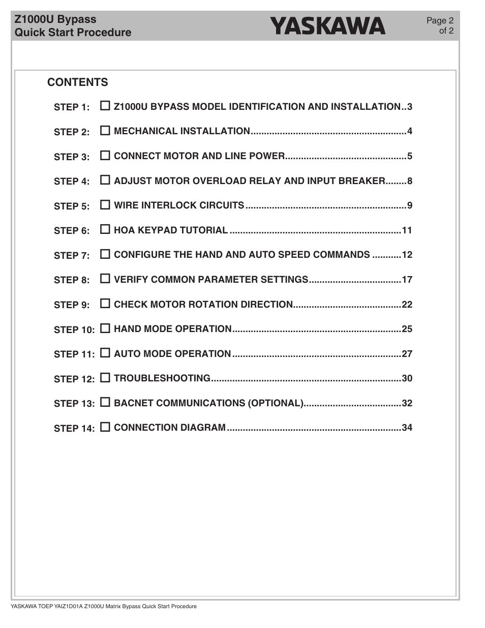 Yaskawa Z1000U HVAC Matrix Bypass User Manual | Page 2 / 38