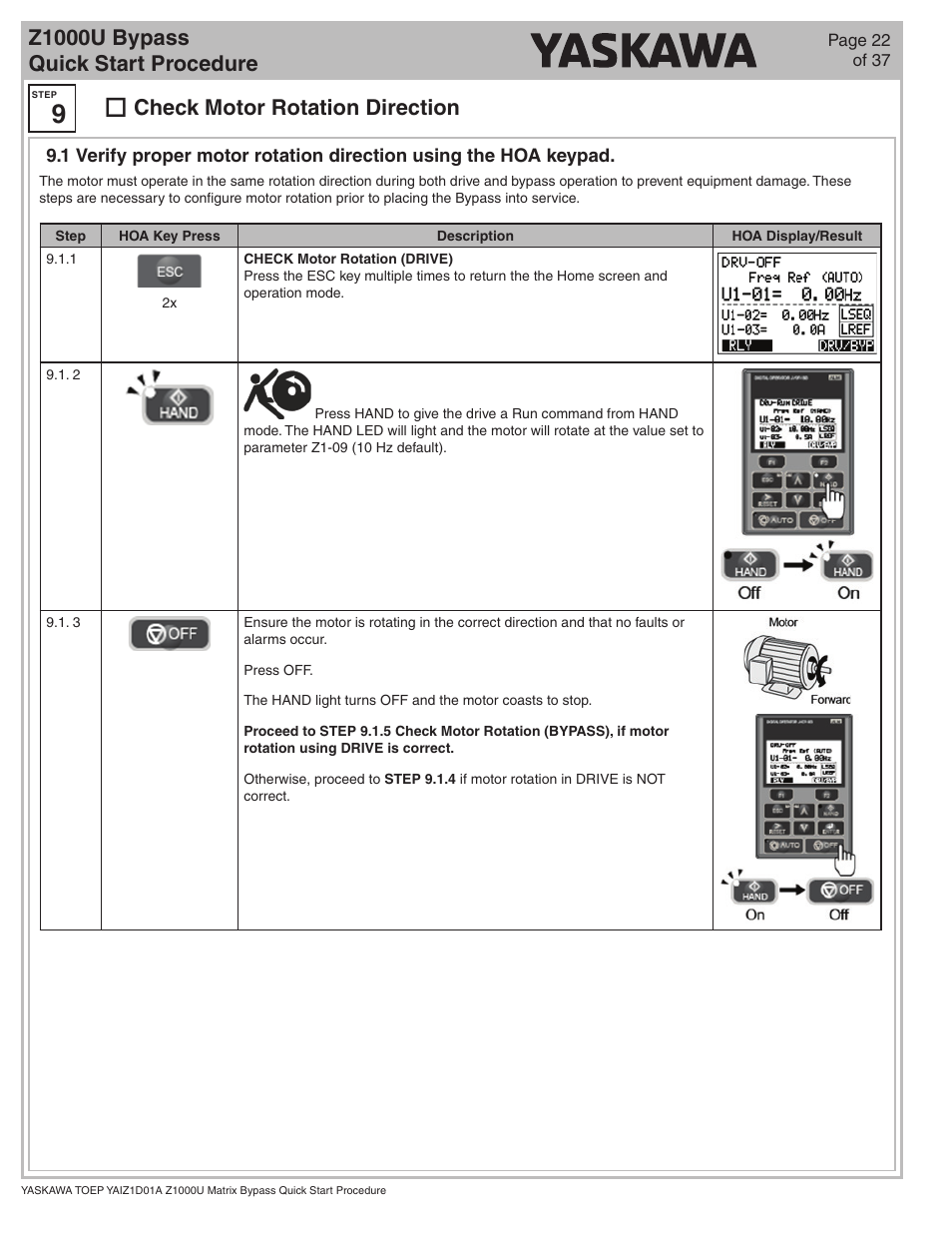 Z1000u bypass quick start procedure, Check motor rotation direction | Yaskawa Z1000U HVAC Matrix Bypass User Manual | Page 22 / 38