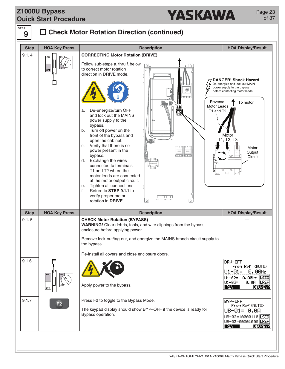 Z1000u bypass quick start procedure, Check motor rotation direction (continued), Ub-01= 0.0a | Yaskawa Z1000U HVAC Matrix Bypass User Manual | Page 23 / 38