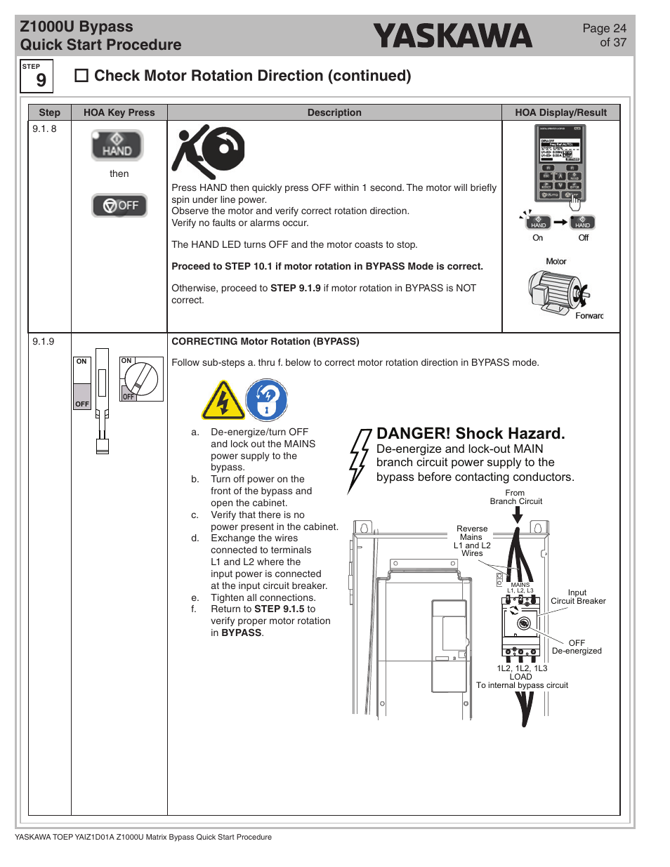 Danger! shock hazard, Z1000u bypass quick start procedure, Check motor rotation direction (continued) | Page 24 of 37 | Yaskawa Z1000U HVAC Matrix Bypass User Manual | Page 24 / 38