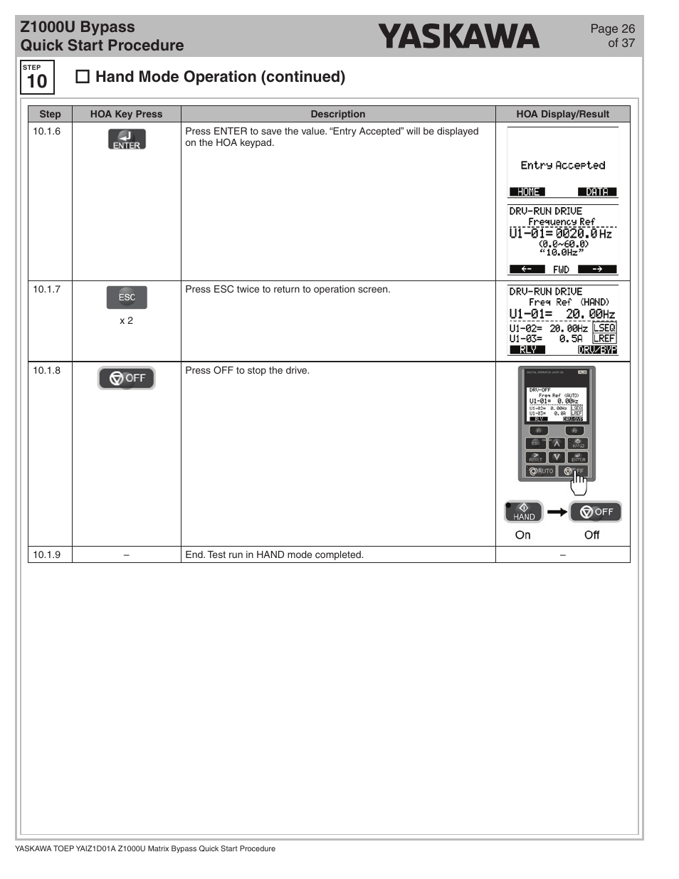 Z1000u bypass quick start procedure, Hand mode operation (continued) | Yaskawa Z1000U HVAC Matrix Bypass User Manual | Page 26 / 38