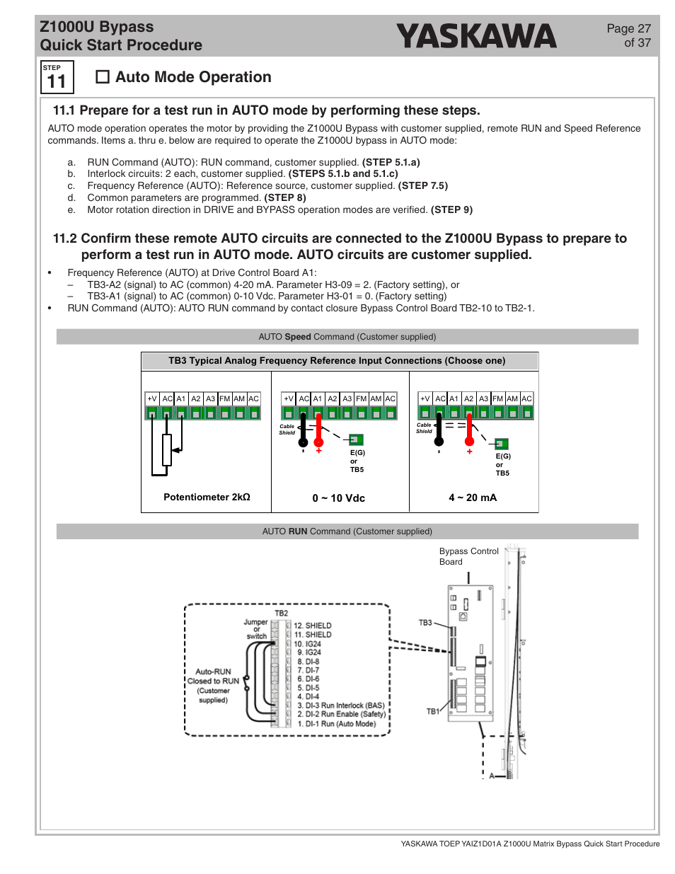 Z1000u bypass quick start procedure, Auto mode operation | Yaskawa Z1000U HVAC Matrix Bypass User Manual | Page 27 / 38