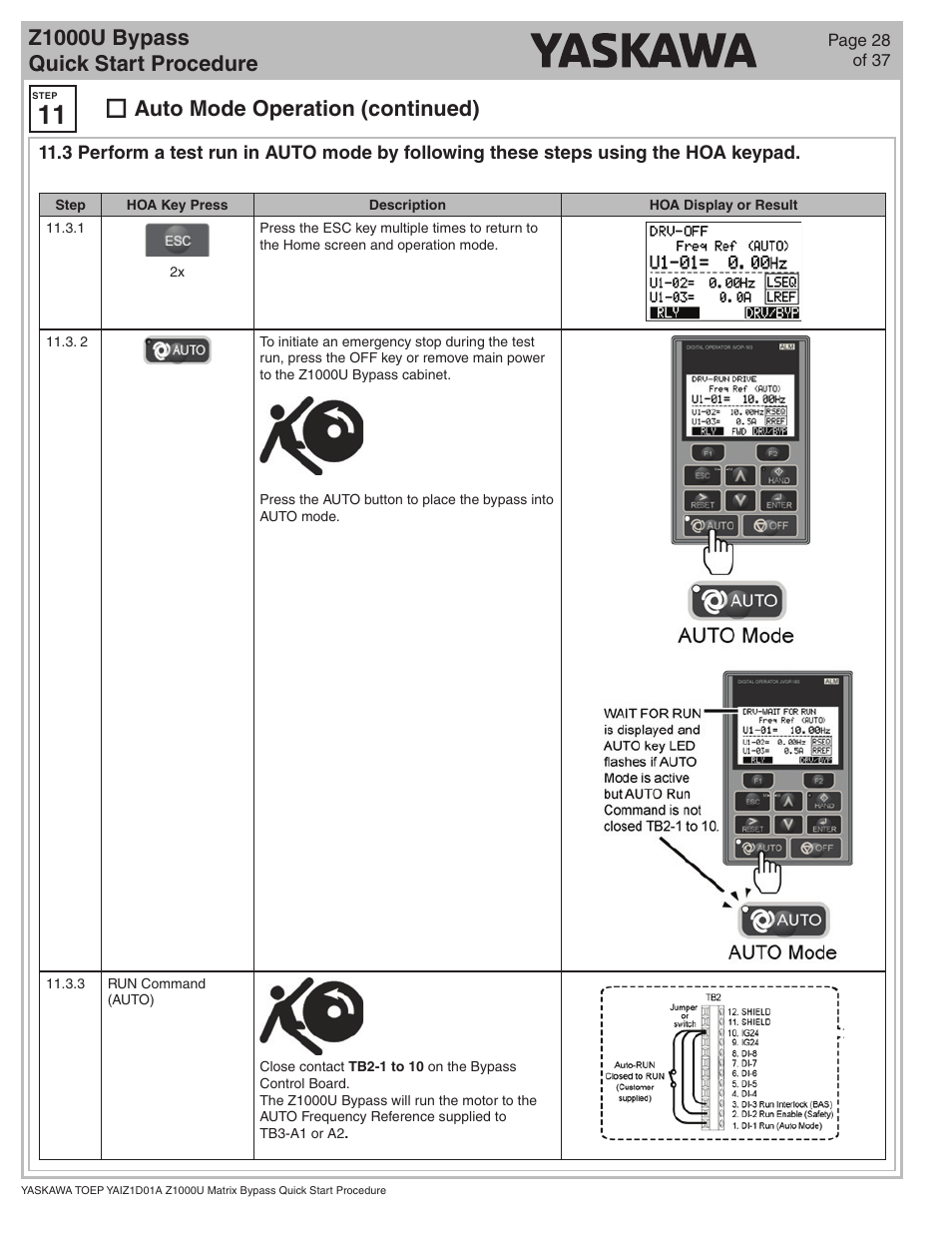 Z1000u bypass quick start procedure, Auto mode operation (continued) | Yaskawa Z1000U HVAC Matrix Bypass User Manual | Page 28 / 38