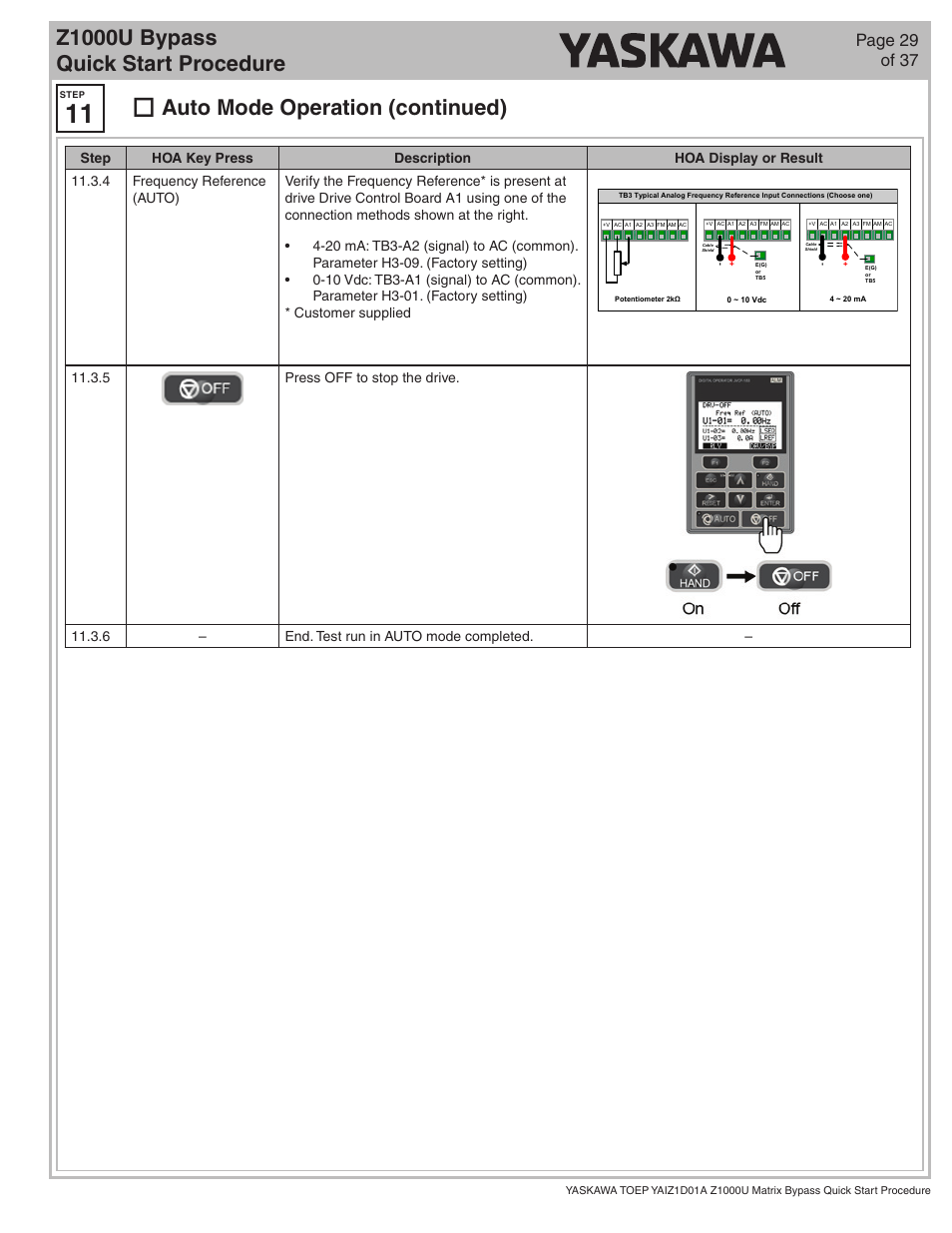 Z1000u bypass quick start procedure, Auto mode operation (continued), Page 29 of 37 | Yaskawa Z1000U HVAC Matrix Bypass User Manual | Page 29 / 38