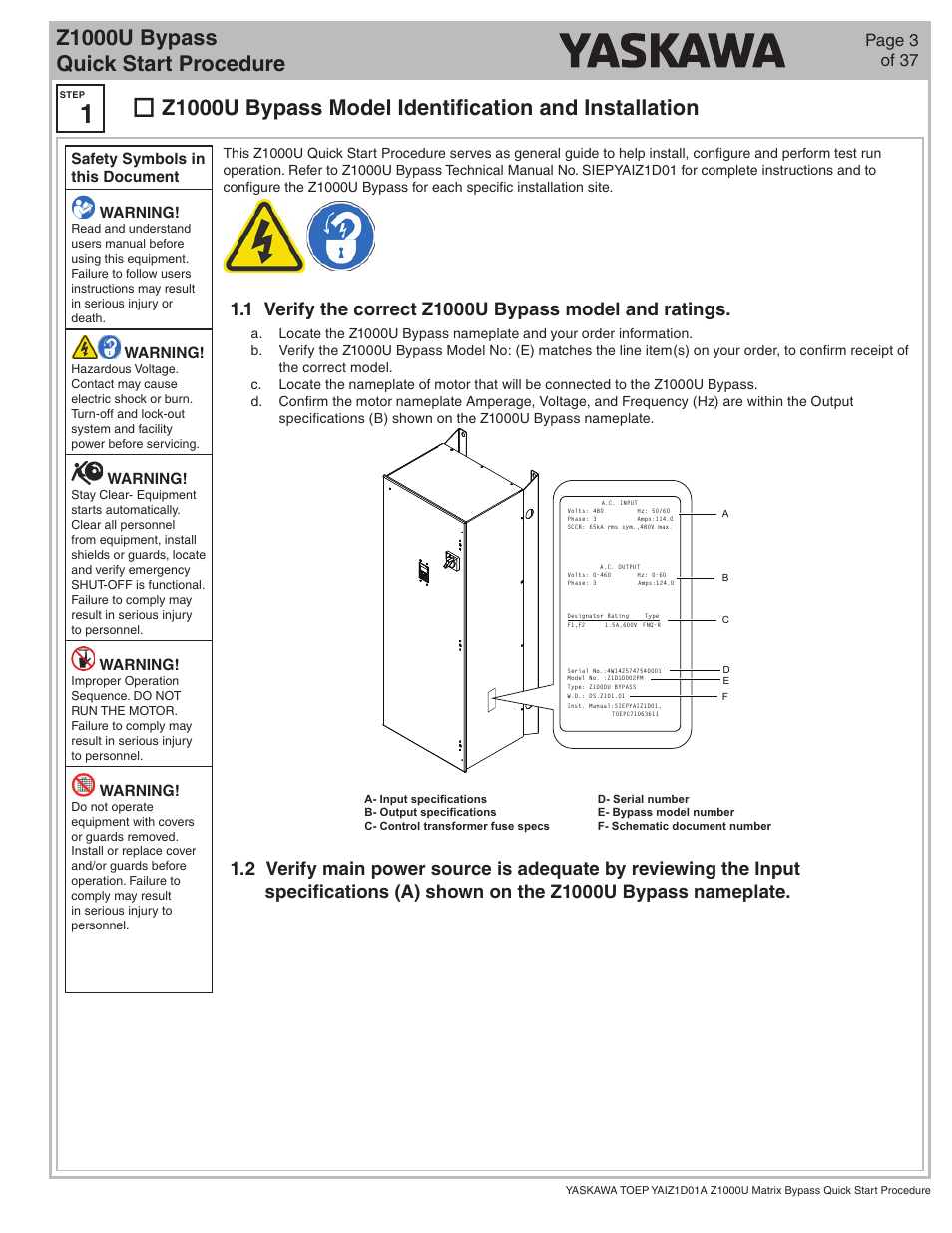 Z1000u bypass quick start procedure, Page 3 of 37, Safety symbols in this document warning | Warning | Yaskawa Z1000U HVAC Matrix Bypass User Manual | Page 3 / 38
