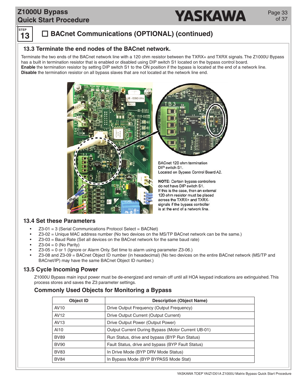 Z1000u bypass quick start procedure, Bacnet communications (optional) (continued) | Yaskawa Z1000U HVAC Matrix Bypass User Manual | Page 33 / 38