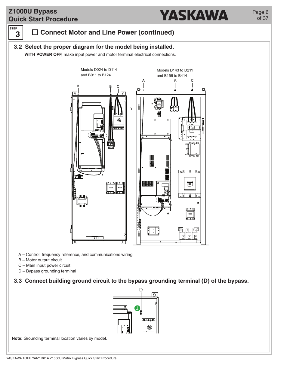 Z1000u bypass quick start procedure, Connect motor and line power (continued) | Yaskawa Z1000U HVAC Matrix Bypass User Manual | Page 6 / 38