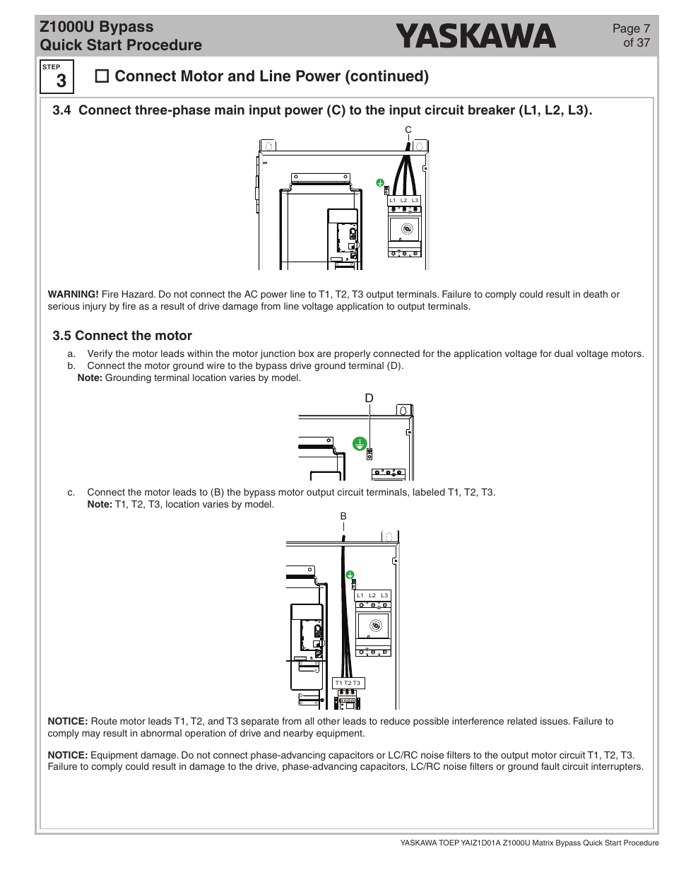 Z1000u bypass quick start procedure, Connect motor and line power (continued) | Yaskawa Z1000U HVAC Matrix Bypass User Manual | Page 7 / 38