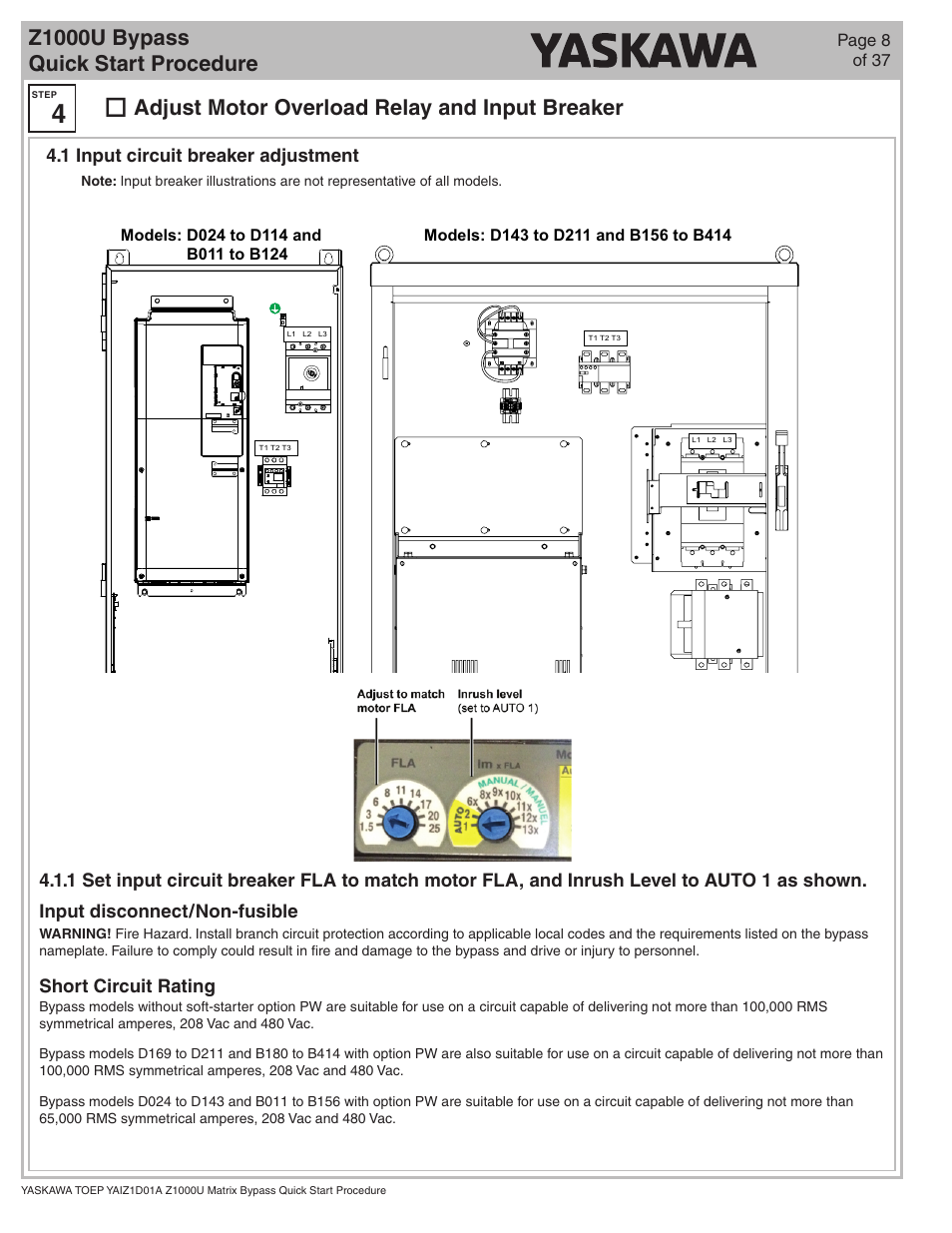 Z1000u bypass quick start procedure, Adjust motor overload relay and input breaker | Yaskawa Z1000U HVAC Matrix Bypass User Manual | Page 8 / 38