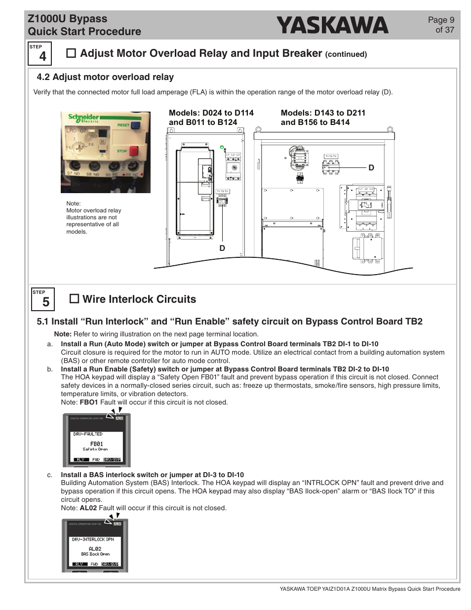 Z1000u bypass quick start procedure, Adjust motor overload relay and input breaker, Wire interlock circuits | Yaskawa Z1000U HVAC Matrix Bypass User Manual | Page 9 / 38