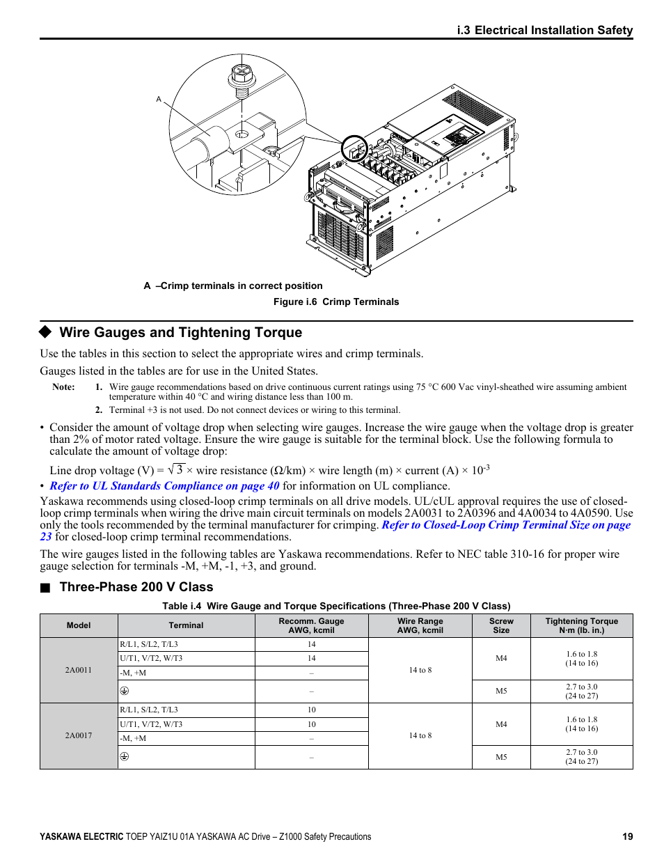 Wire gauges and tightening torque, Three-phase 200 v class, I.3 electrical installation safety | Yaskawa AC Drive Z1000 HVAC User Manual | Page 19 / 58