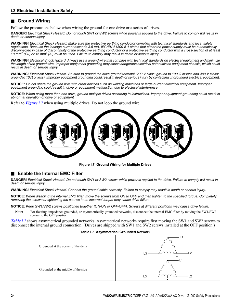 Ground wiring, Enable the internal emc filter | Yaskawa AC Drive Z1000 HVAC User Manual | Page 24 / 58