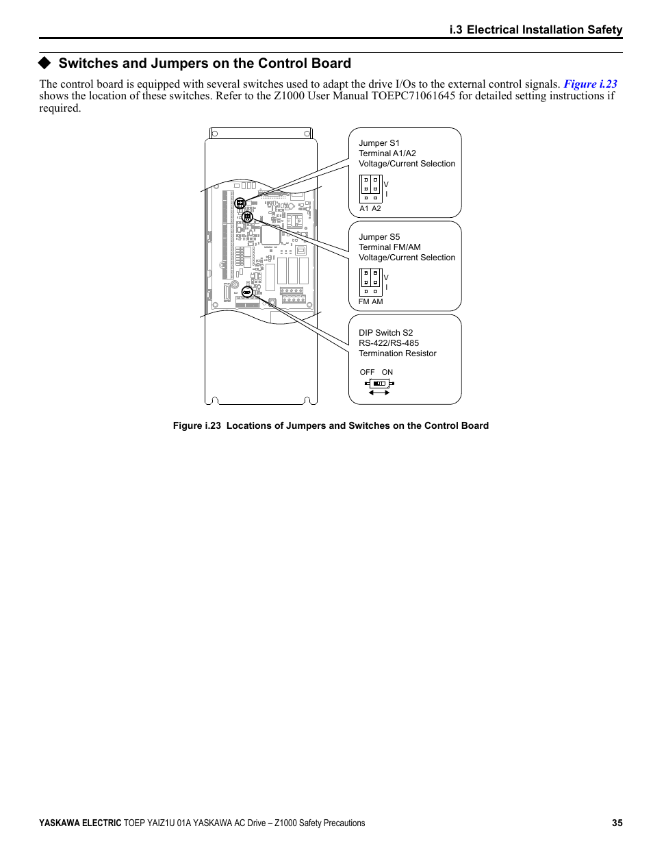 Switches and jumpers on the control board | Yaskawa AC Drive Z1000 HVAC User Manual | Page 35 / 58