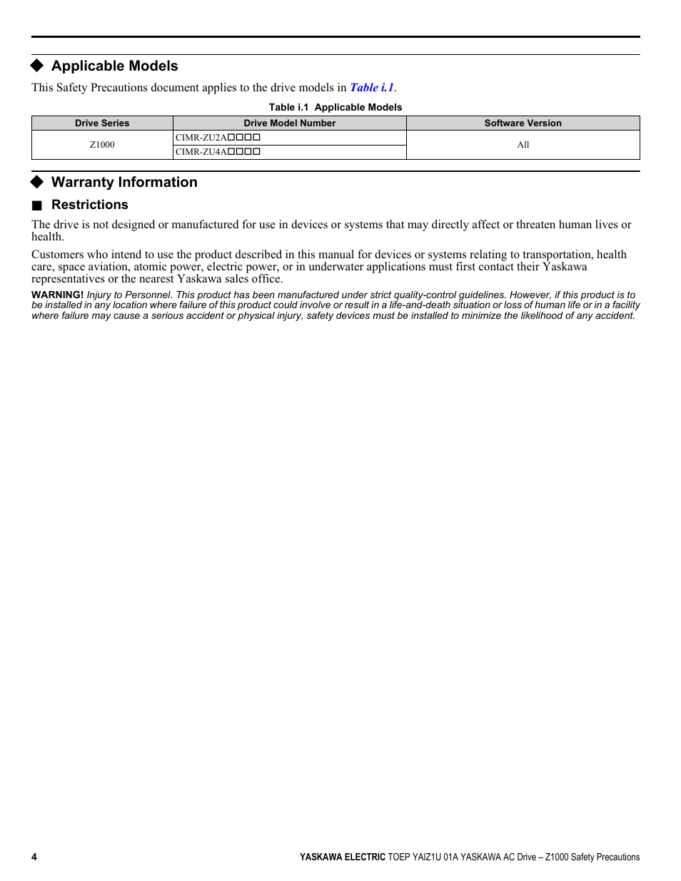 Applicable models, Warranty information | Yaskawa AC Drive Z1000 HVAC User Manual | Page 4 / 58