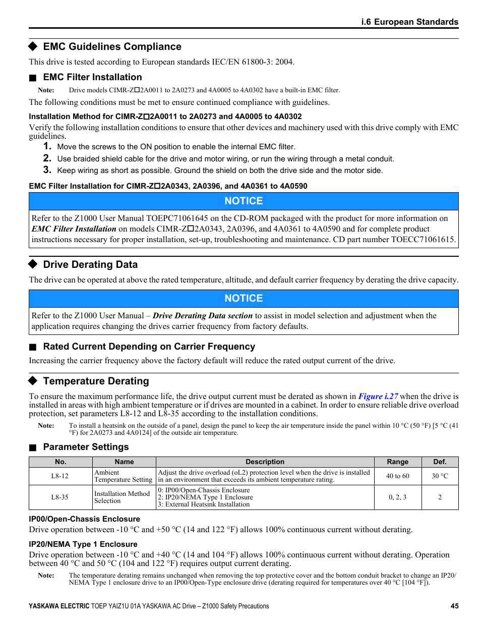 Emc guidelines compliance, Drive derating data, Temperature derating | Notice | Yaskawa AC Drive Z1000 HVAC User Manual | Page 45 / 58