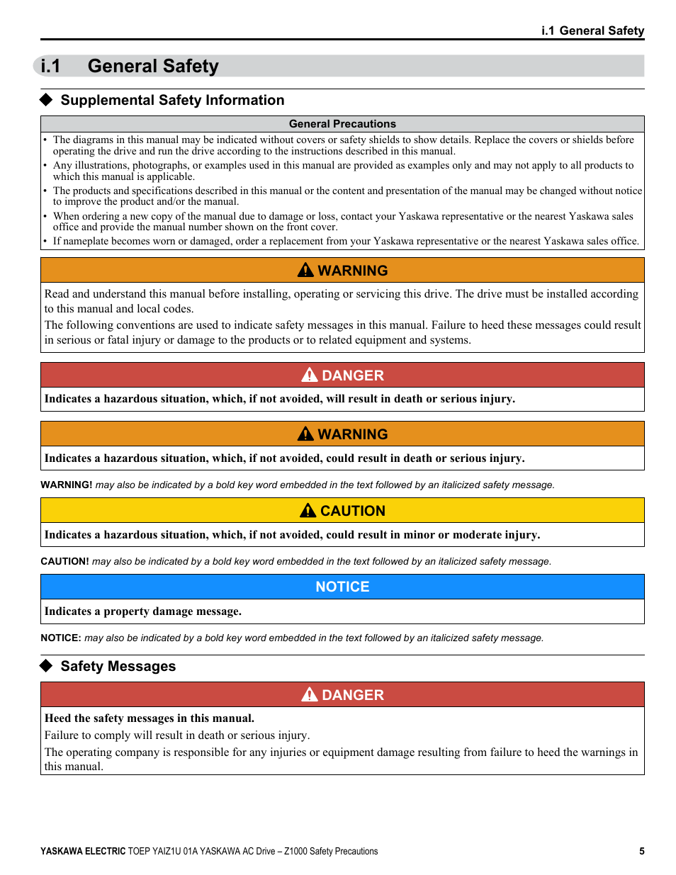 General safety, Supplemental safety information, Safety messages | I.1 general safety | Yaskawa AC Drive Z1000 HVAC User Manual | Page 5 / 58