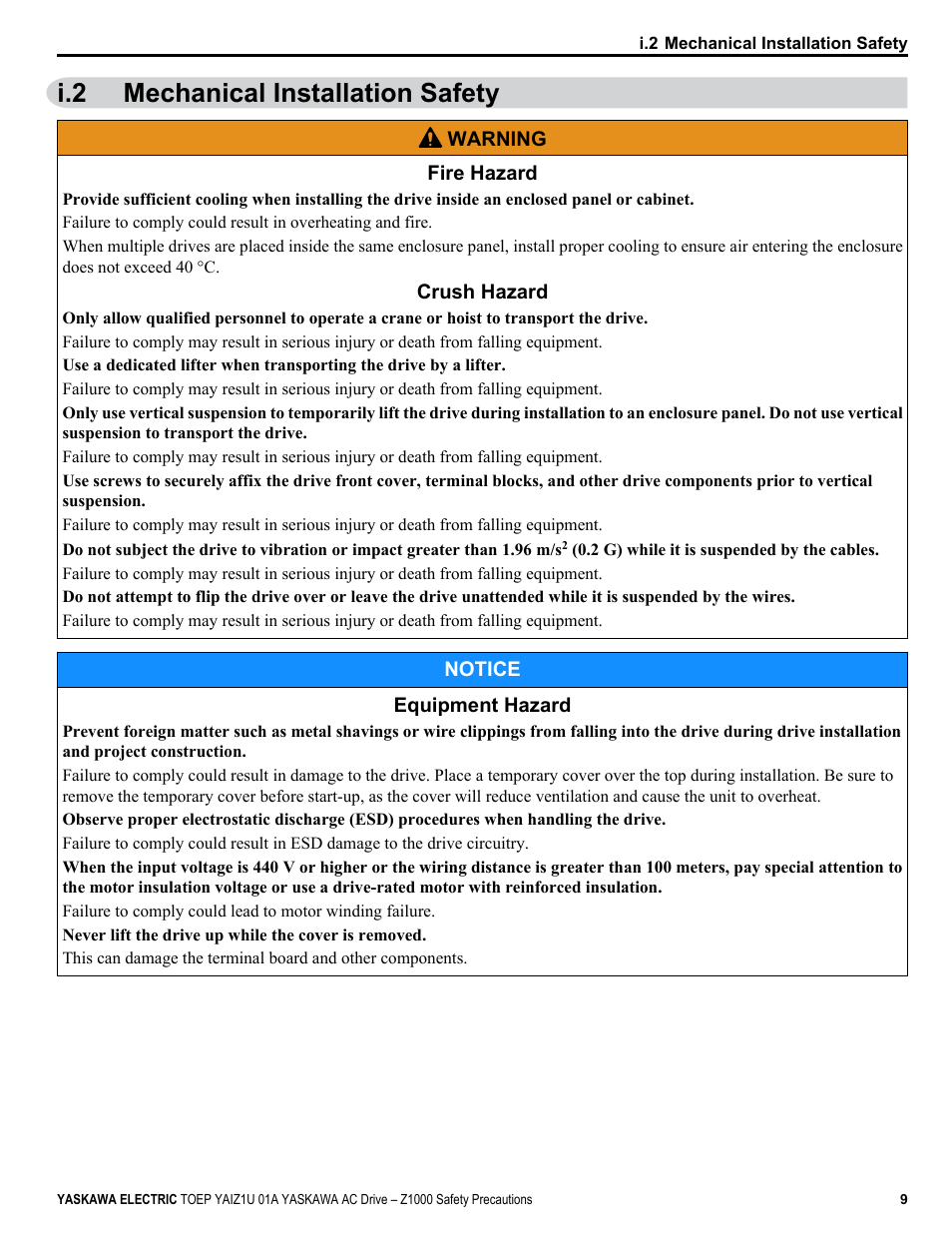 Mechanical installation safety, I.2 mechanical installation safety | Yaskawa AC Drive Z1000 HVAC User Manual | Page 9 / 58