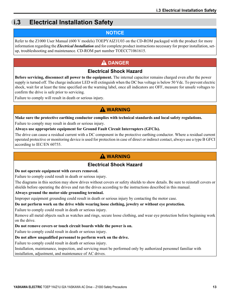 Electrical installation safety, I.3 electrical installation safety | Yaskawa 600V User Manual | Page 13 / 64